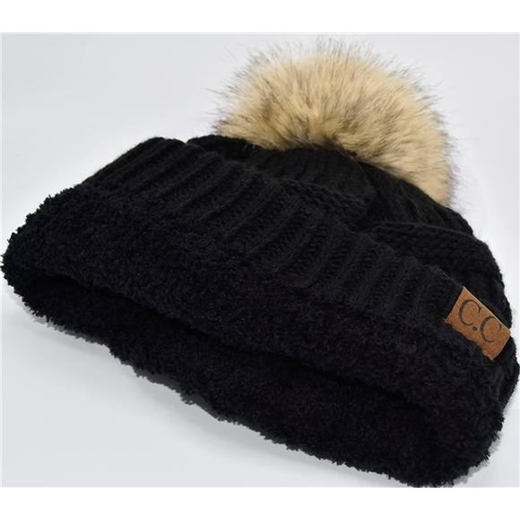 C.C Trendy Warm Soft Stretch Cable Knit Ribbed Faux Fur Pom Pom Fuzzy Sherpa Fle main image 6